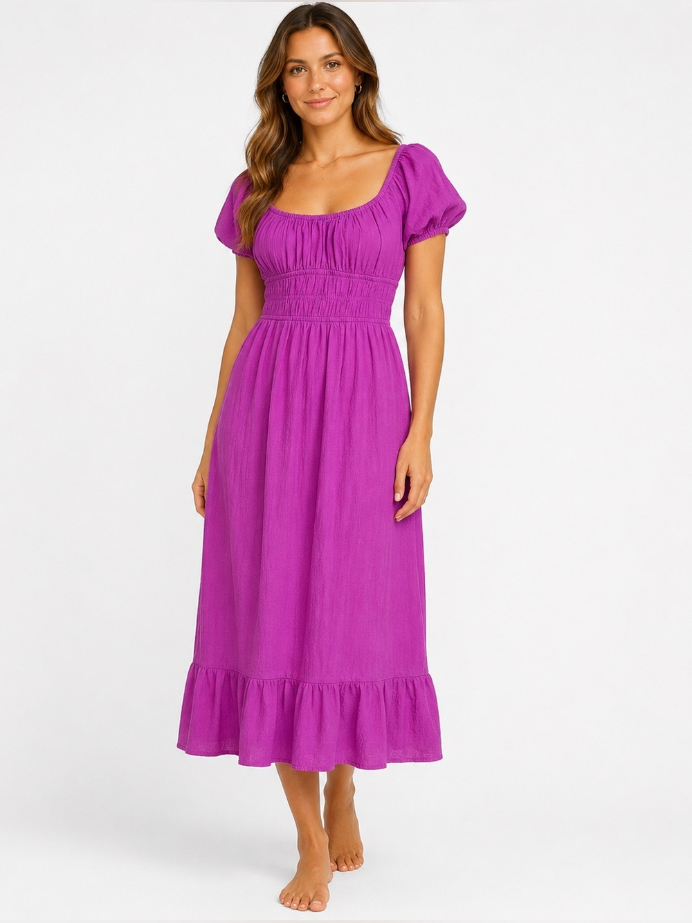 Sim & Sam Purple Linen Blend Smocked Puff Sleeve Midi Dress Small